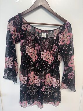 Jordache Black Sheer Floral Off-Shoulder Tunic with Pink Accents